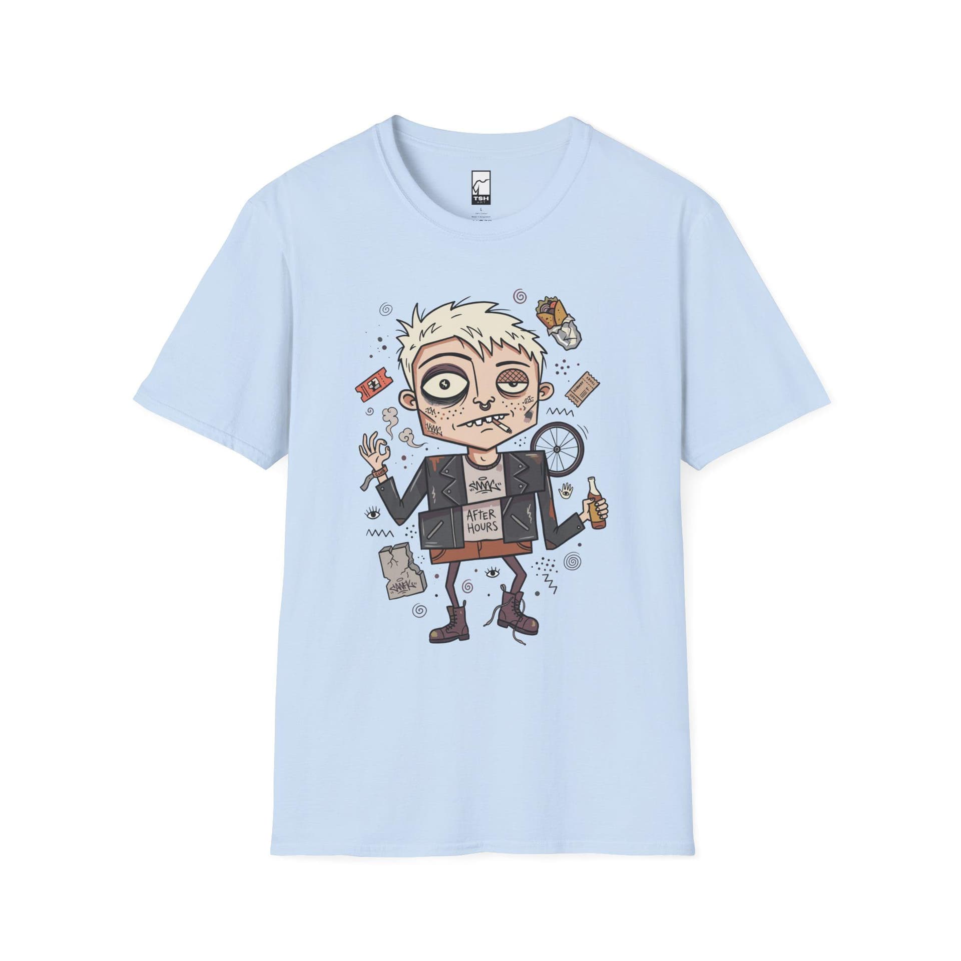 Flat product photo of the weird-cute After Hours print on a light-blue tee