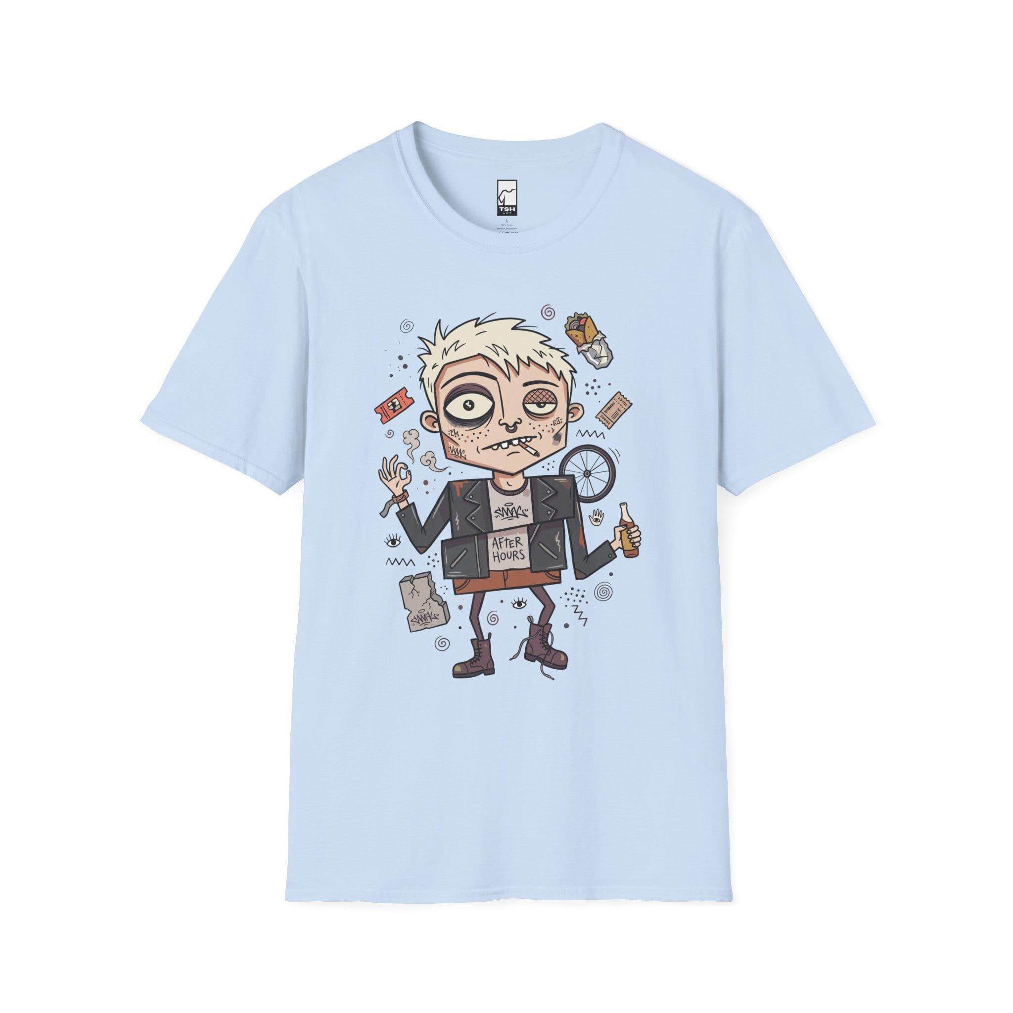 Flat product photo of the weird-cute After Hours print on a light-blue tee